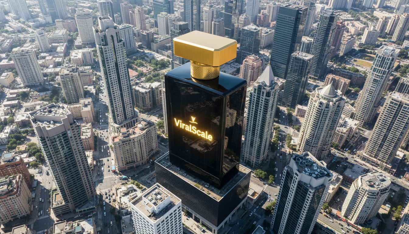 AI-generated perfume campaign with dramatic cityscape