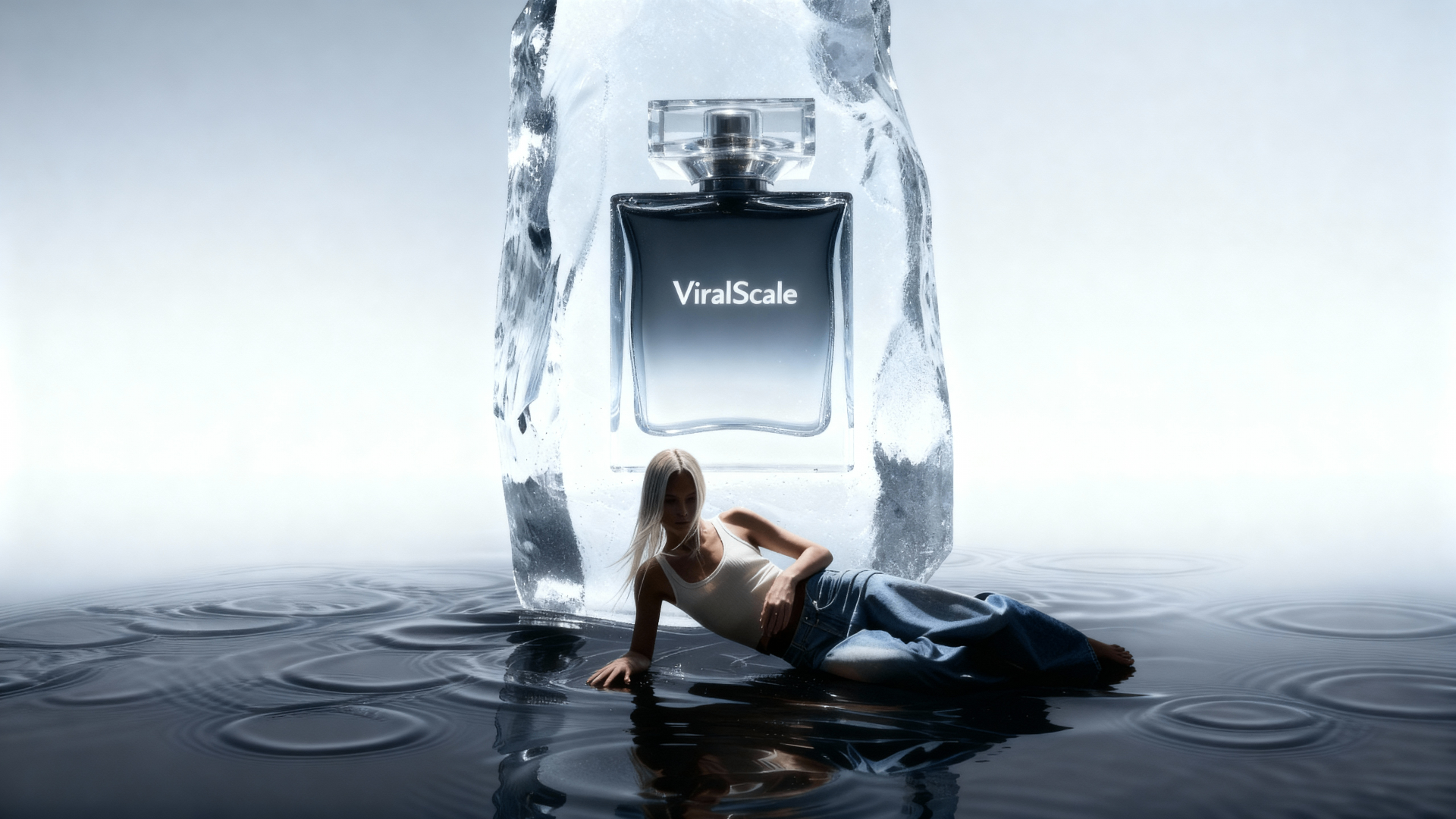 AI-generated perfume campaign featuring elegant water environment